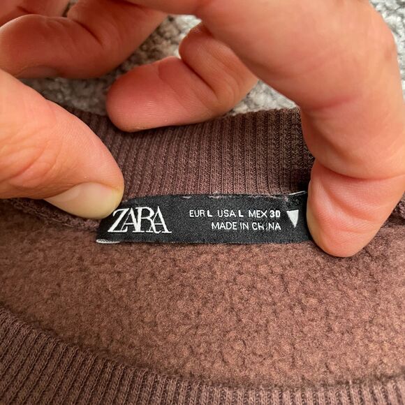 Zara Cropped Drawstring Pullover Sweatshirt Womens Large Brown Fleece Casual - Picture 3 of 11